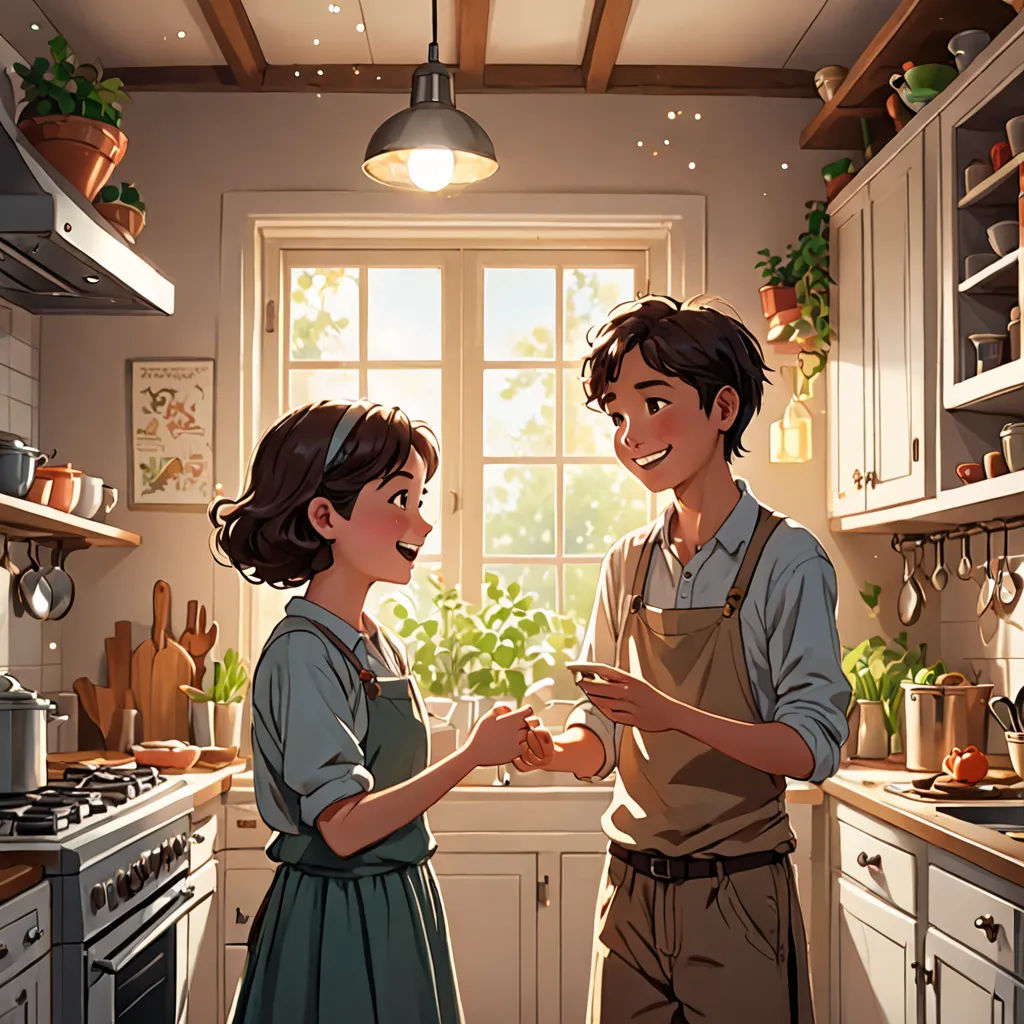a man and a woman standing in a kitchen talking to each other and smiling at each other's eyes, american scene painting, a storybook illustration, Atey Ghailan, official art