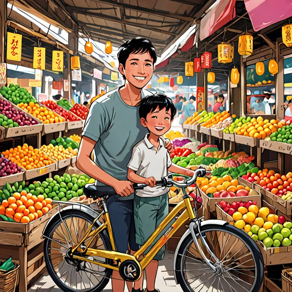a man and a boy standing next to a bike in a market area with fruit on display behind them, photorealism, a storybook illustration, Arthur Pan, official art