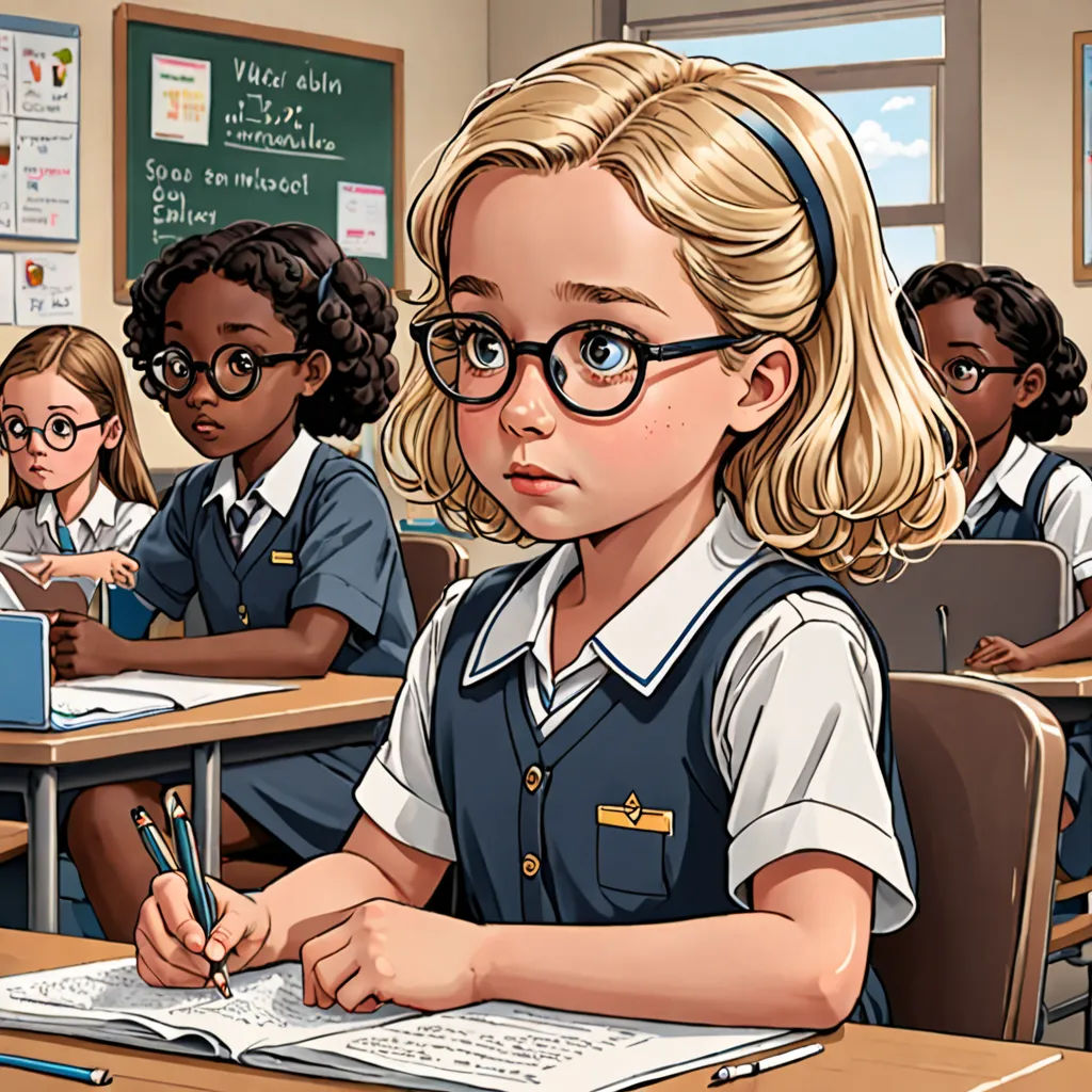 a cartoon of a girl in a classroom with other students in the background, writing on a notebook and taking notes, remodernism, a comic book panel, Constance Gordon-Cumming, official art