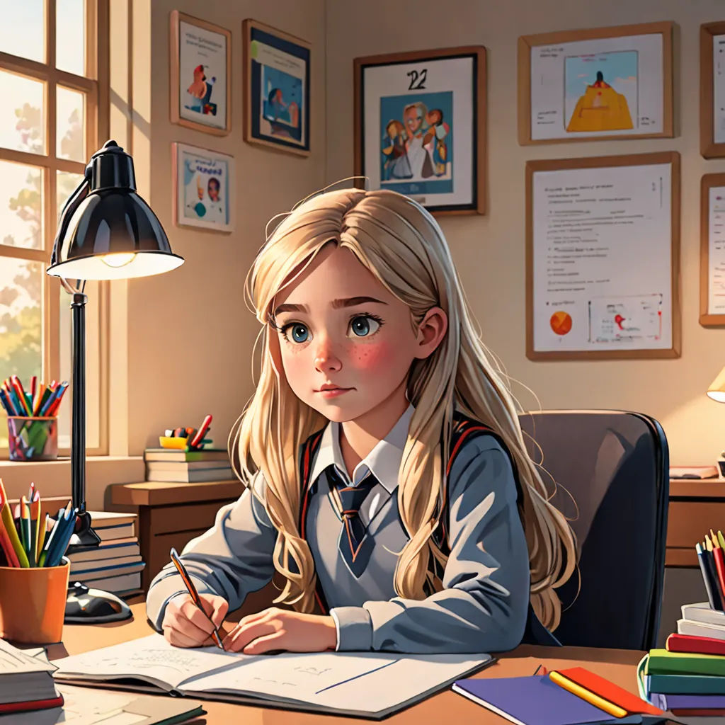 a girl sitting at a desk with a book and pencil in her hand and a lamp on the desk, academic art, a storybook illustration, Artgerm, rossdraws global illumination