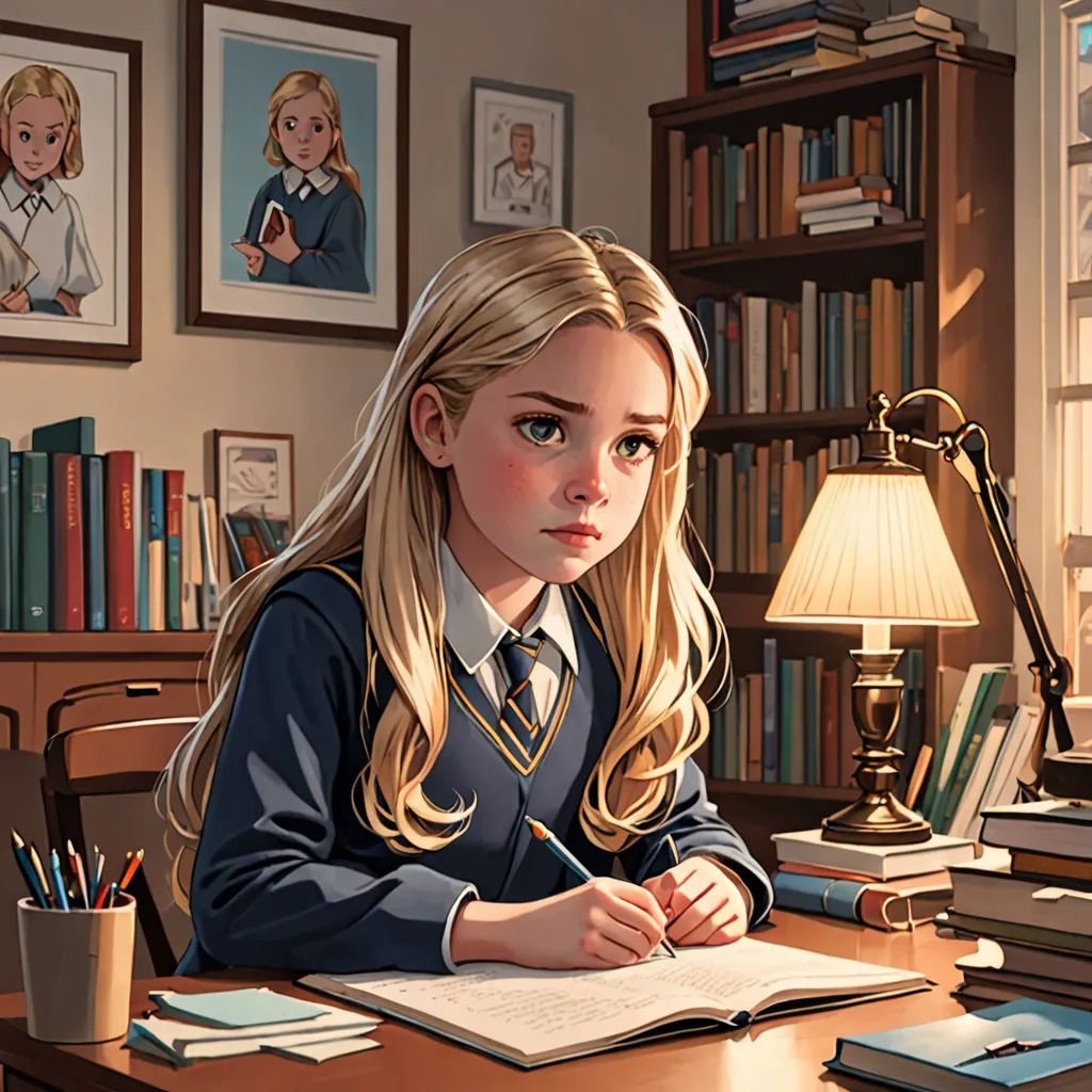 a girl sitting at a desk with a book and a lamp on it, in front of a bookcase, academic art, a storybook illustration, Charlie Bowater, rossdraws global illumination