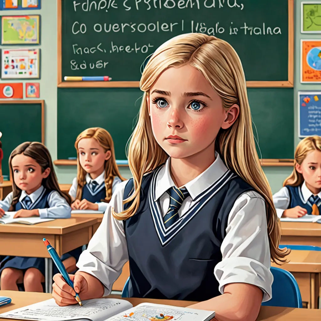 a painting of a girl sitting at a desk with a book and pencil in front of her and other children in the background, art & language, a storybook illustration, F Scott Hess, official art