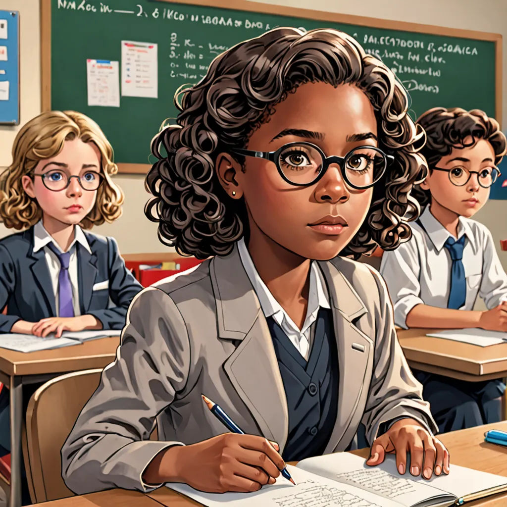 a cartoon of a girl sitting at a desk with a book and pencil in her hand and other children behind her, harlem renaissance, a comic book panel, Constance Gordon-Cumming, official art