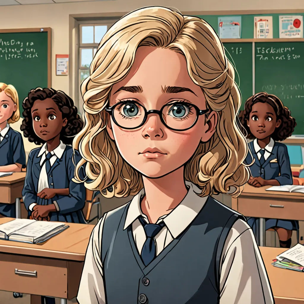 a cartoon of a girl in a classroom with other girls in the background looking at the camera and smiling, paris school, a comic book panel, Constance Gordon-Cumming, official art