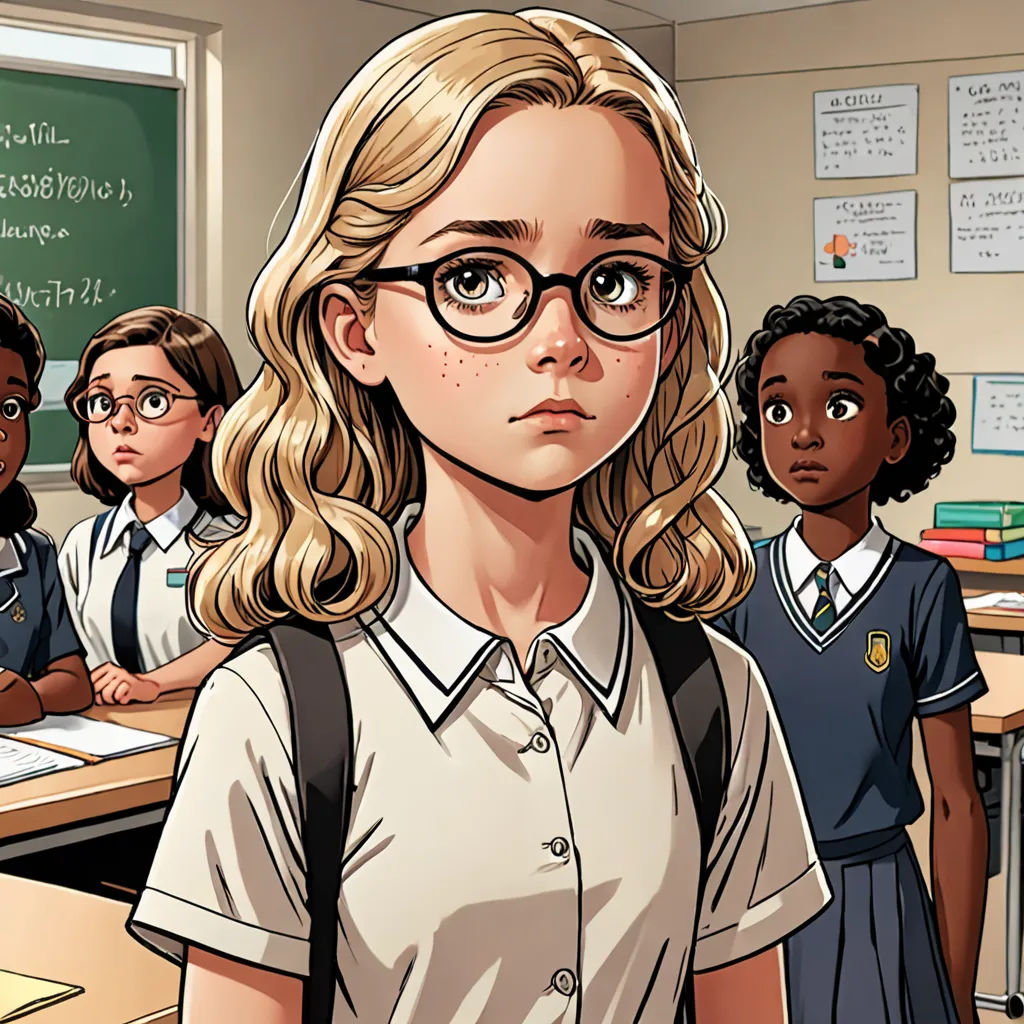 a cartoon of a girl in a classroom with other children in the background and a chalkboard with writing on it, paris school, a comic book panel, Constance Gordon-Cumming, comic cover art