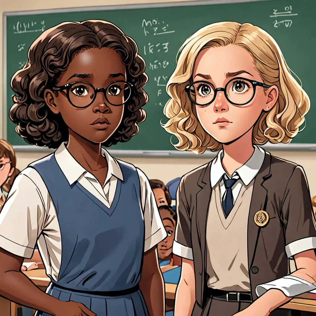two girls in a classroom with a chalkboard in the background and a chalkboard in the foreground, serial art, a comic book panel, Constance Gordon-Cumming, comic cover art