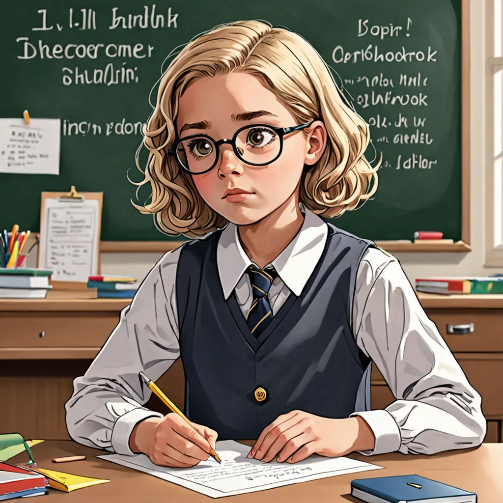 a girl in a school uniform writing on a paper in front of a chalkboard with writing on it, academic art, a comic book panel, Artur Tarnowski, official art