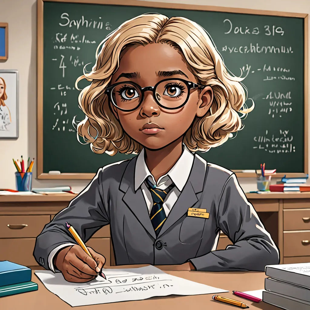 a cartoon of a girl in a school uniform sitting at a desk with a pencil and paper in front of her, academic art, a character portrait, Constance Gordon-Cumming, official art