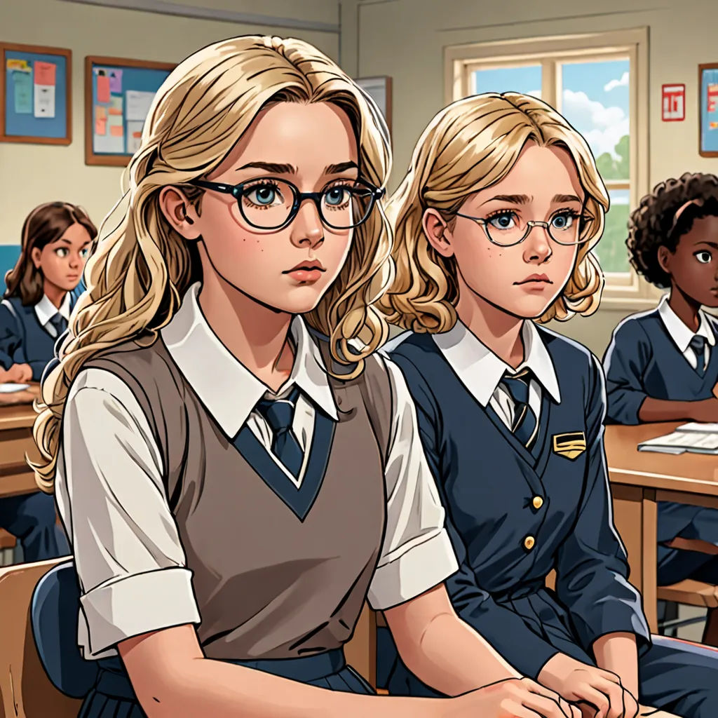 a group of girls sitting at desks in a classroom with one girl wearing glasses and the other girl wearing a school uniform, serial art, a comic book panel, Artgerm, official art