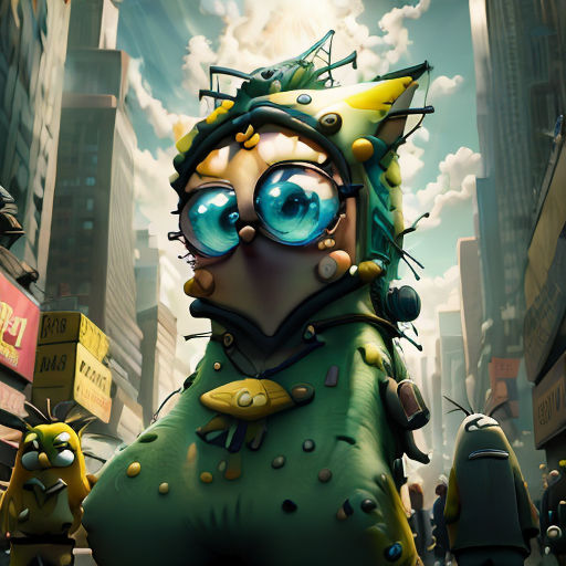 a cartoon character with big eyes and a weird costume on in a city street with tall buildings and signs