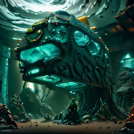 a futuristic looking underwater scene with a large submarine in the middle of the water and a man sitting on the ground