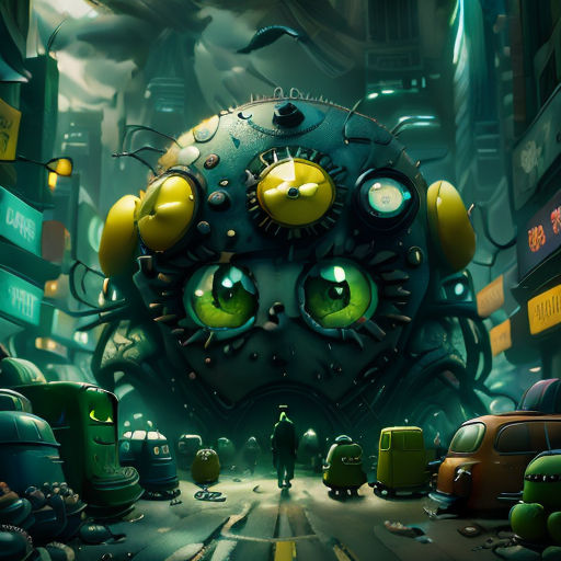 a futuristic city with a giant clock and lots of green eyes and yellow eyes, surrounded by other vehicles