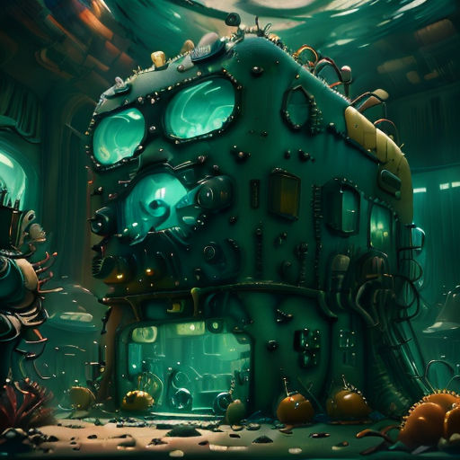 a green submarine with a large engine and a giant fish in the water next to it, with a man standing next to it