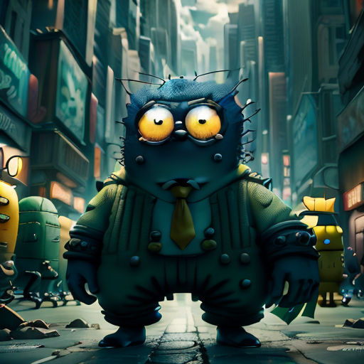 a cartoon character with a tie and a suit on in a city street with other characters in the background