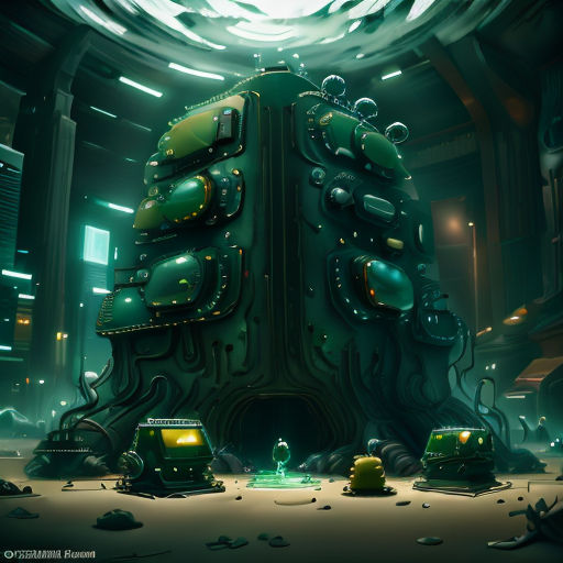 a futuristic city with a giant green machine in the middle of it's floor and a sky background