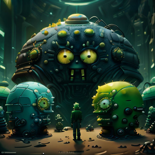 a group of green and yellow alien like creatures in a dark room with a man standing in front of them