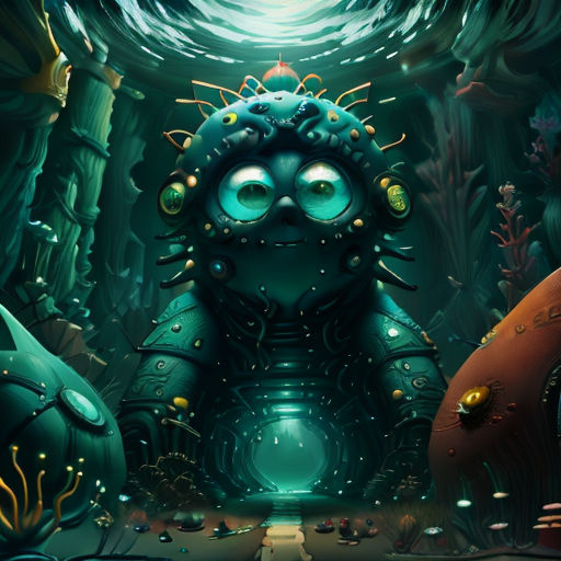 a cartoon character with big eyes and a strange head in a dark forest with a light at the end