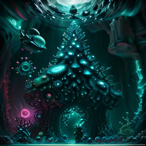 a digital painting of a christmas tree surrounded by bubbles and bubbles in a dark room with a moon in the background