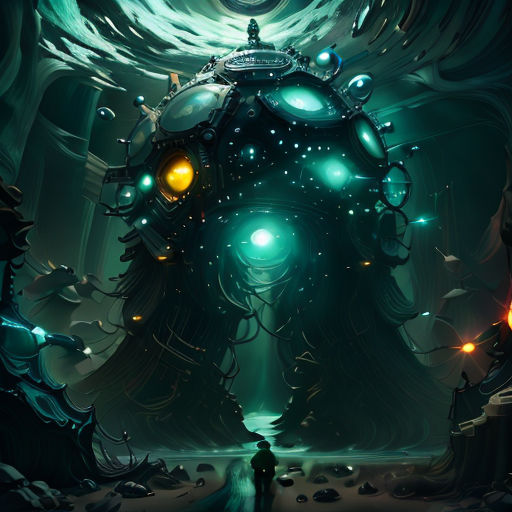 a man standing in front of a giant alien like structure with glowing eyes and a glowing head in the middle of the picture