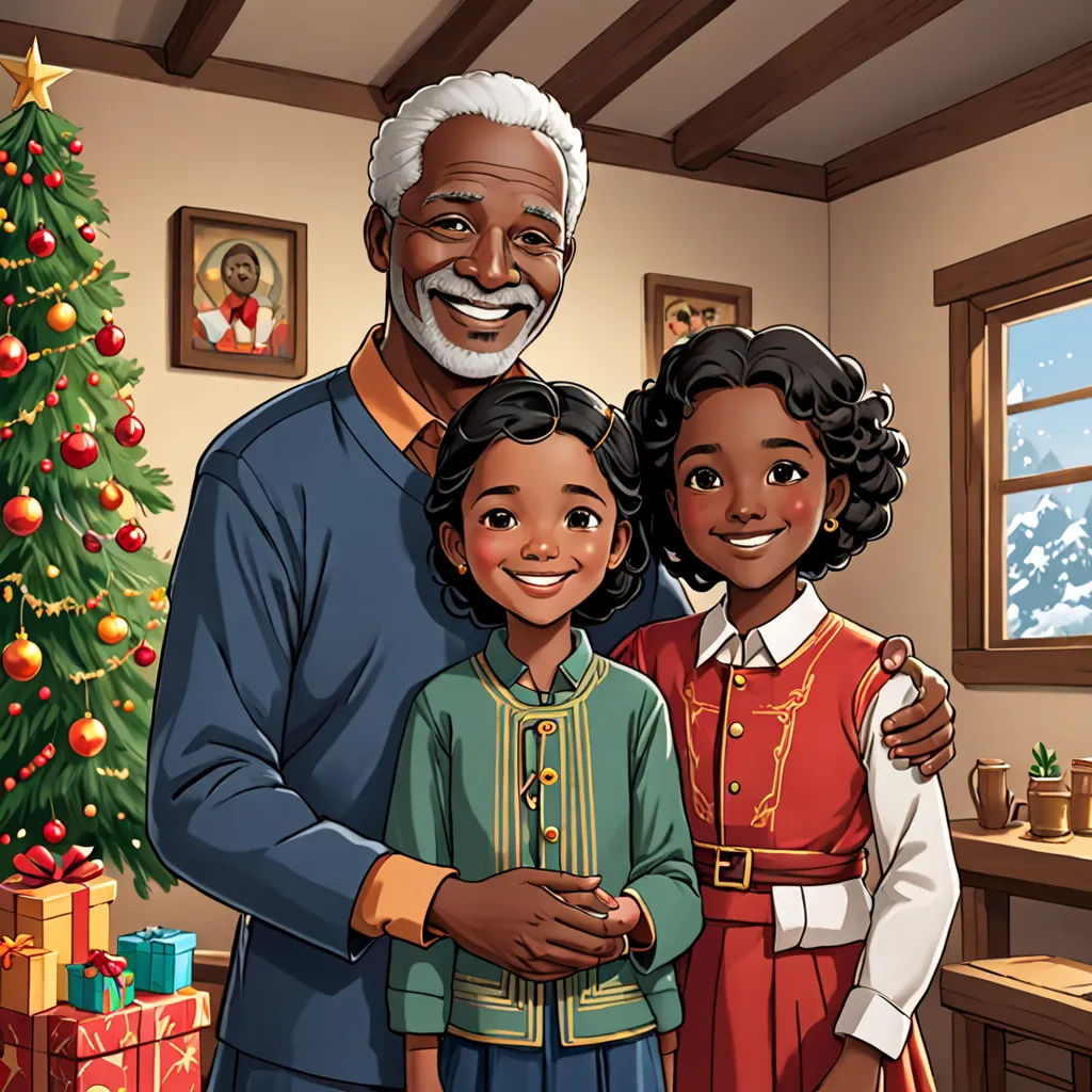 a man and two children standing in front of a christmas tree with presents on the table and a christmas tree in the background, american scene painting, a storybook illustration, Ernest William Christmas, official art