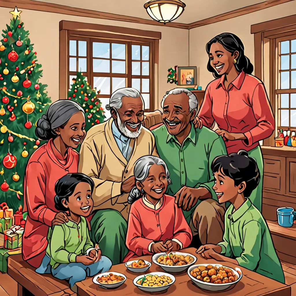 a family sitting around a table with food on it in front of a christmas tree and a christmas tree, samikshavad, a storybook illustration, Ernest William Christmas, promotional image