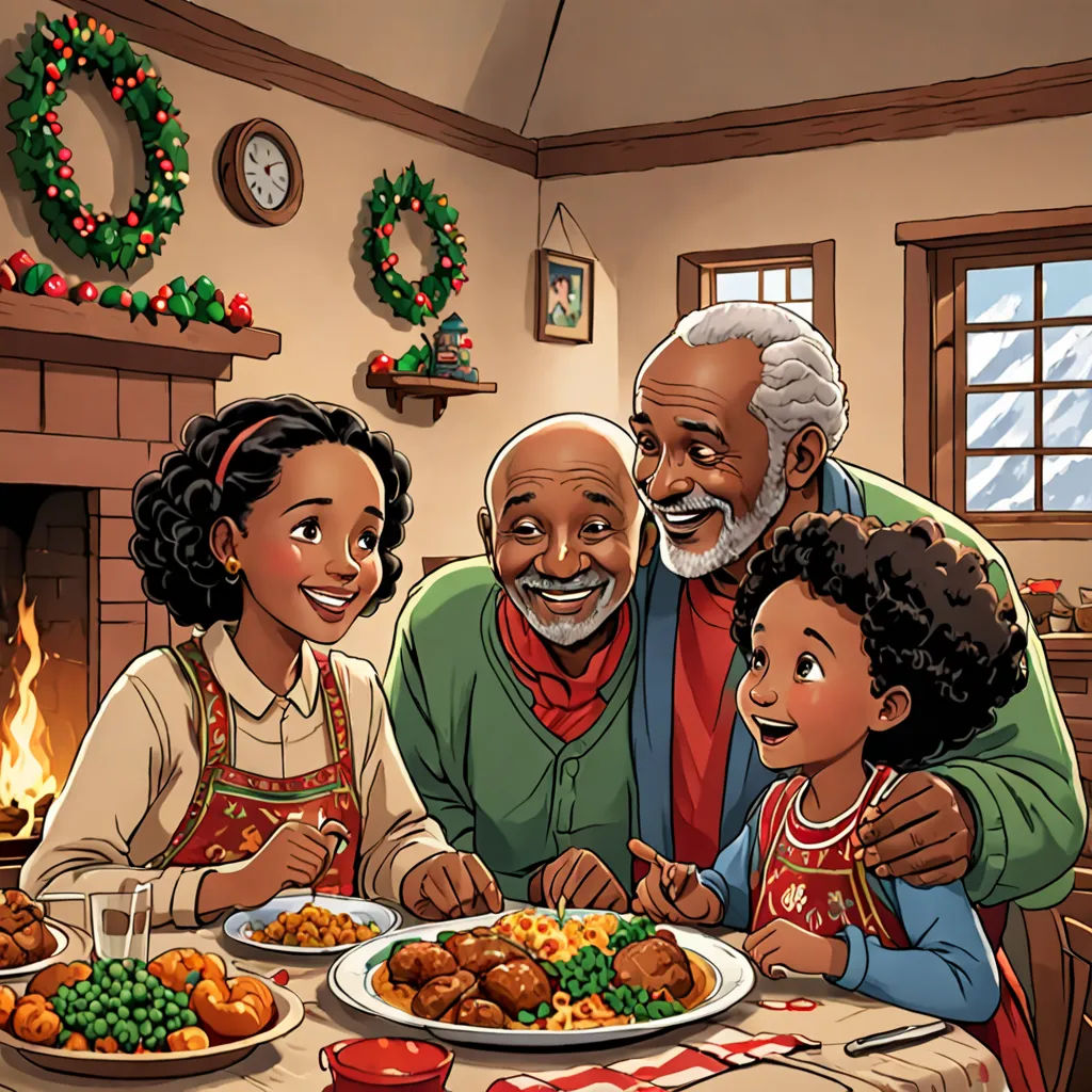 a family is gathered around a table to eat dinner together, with a fireplace in the background and a christmas wreath on the wall, american scene painting, a storybook illustration, David Brewster, official art