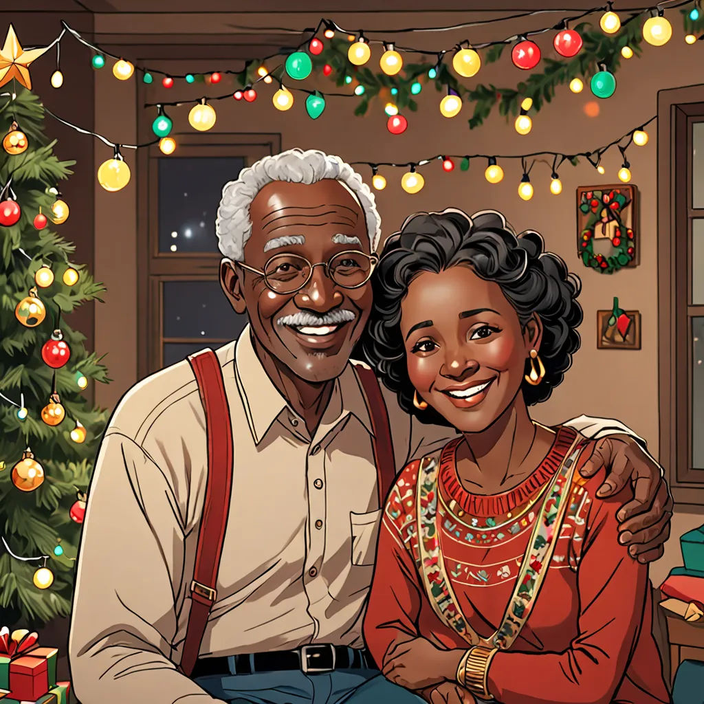 a man and woman are sitting next to a christmas tree with presents on it and a christmas tree in the background, american realism, a storybook illustration, Ernest William Christmas, official art