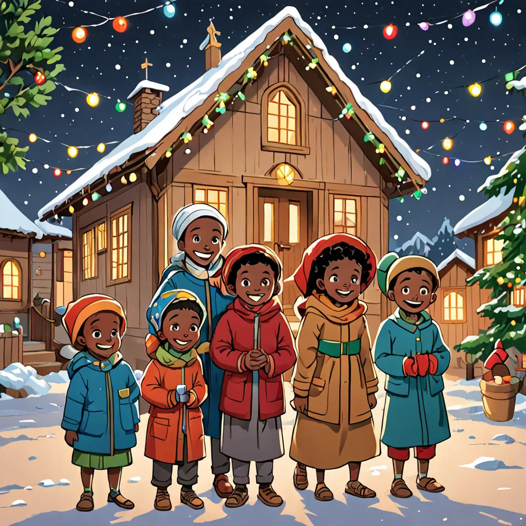 a group of people standing in front of a house with a christmas tree in the background and lights on the roof, naive art, a storybook illustration, Afewerk Tekle, official art