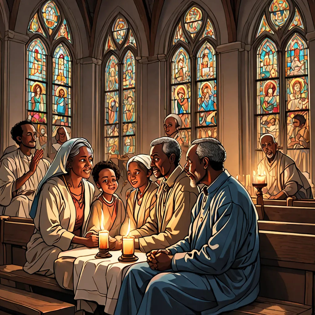 a painting of a group of people sitting at a table with a candle in front of them and a stained glass window behind them, gothic art, a comic book panel, Afewerk Tekle, radiant light