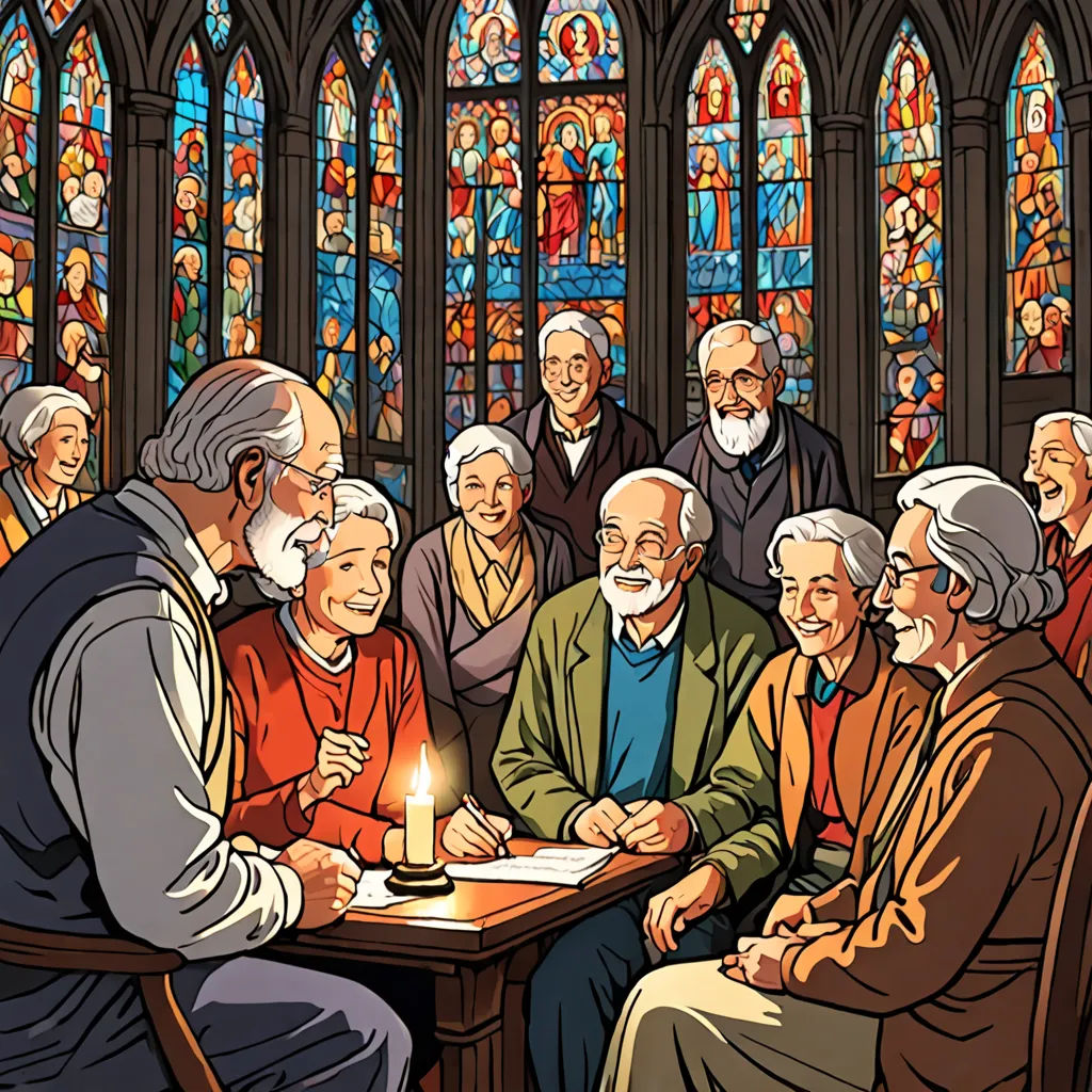 a group of people sitting around a table with a candle in front of them and stained glass windows behind them, arts and crafts movement, a comic book panel, Brothers Hildebrandt, official art