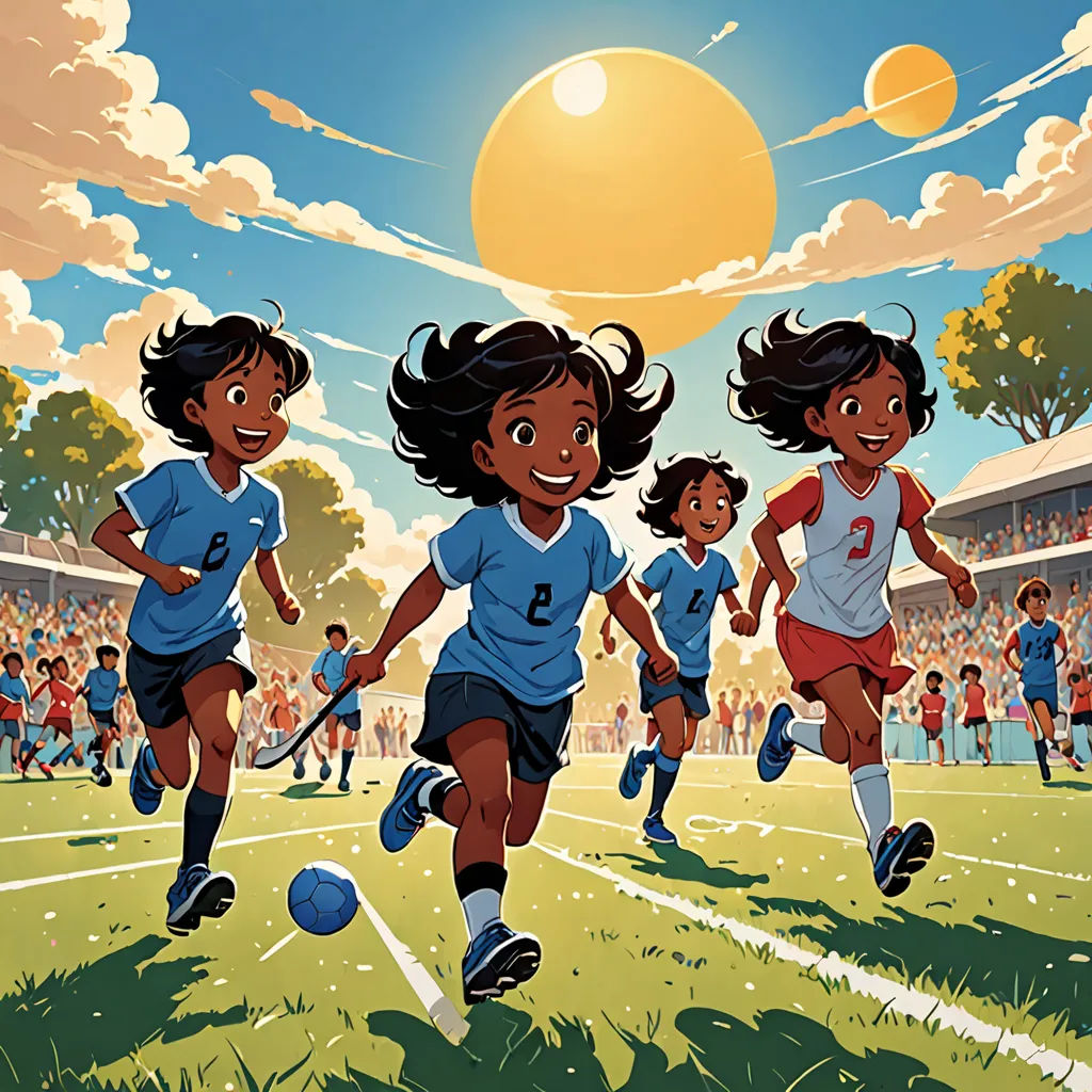 a group of young girls running across a field with soccer balls in hand and a sun in the background, paris school, a storybook illustration, Fabien Charuau, comic cover art