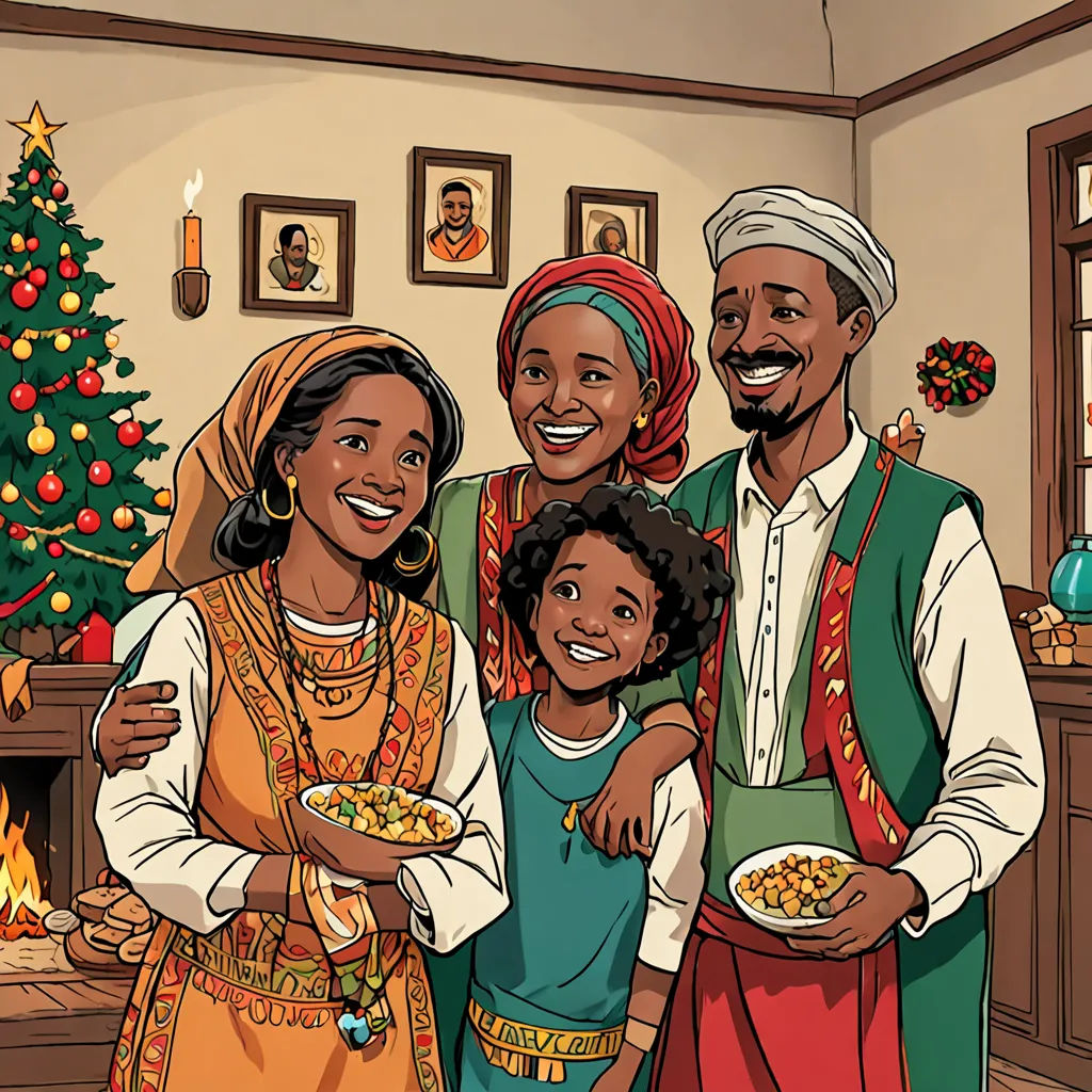 a family is standing in front of a christmas tree and a fireplace with a christmas tree in the background, hurufiyya, a storybook illustration, Afewerk Tekle, storybook illustration