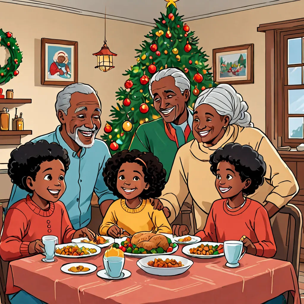 a family sitting at a table with a christmas tree in the background and a christmas tree in the background, folk art, a storybook illustration, Ernest William Christmas, official art