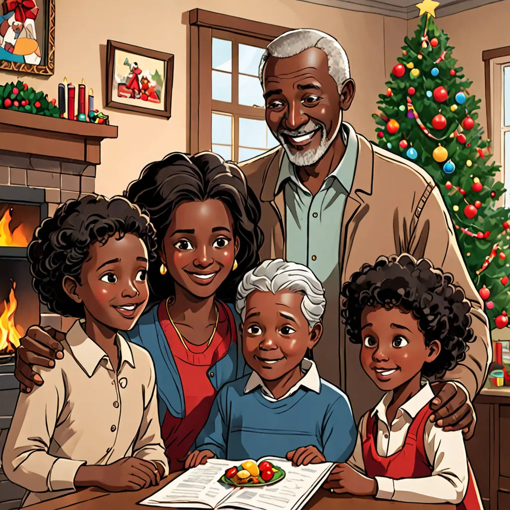 a family is gathered around a christmas tree in a living room with a fireplace and a christmas tree in the background, academic art, a storybook illustration, Ernest William Christmas, storybook illustration