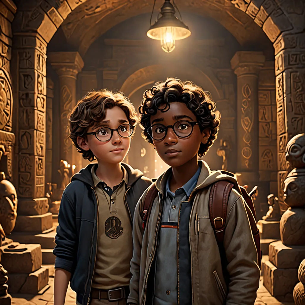 a couple of kids standing next to each other in a room with a light on above them and a lamp above them, serial art, poster art, Felix-Kelly, key art