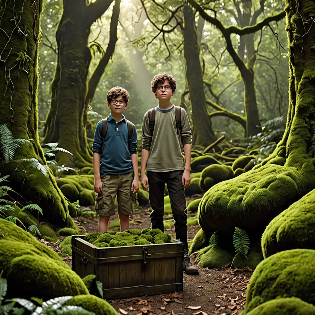 two boys standing in a forest with moss growing on the ground and a trunk in the foreground with a trunk in the foreground, naturalism, a detailed matte painting, Diego Gisbert Llorens, promotional image