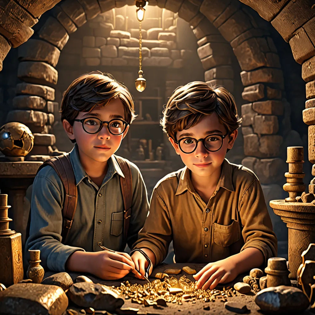 two boys are sitting in a stone oven with a light bulb above them and a pile of gold coins in front of them, serial art, a detailed matte painting, Clint Cearley, cgstudio