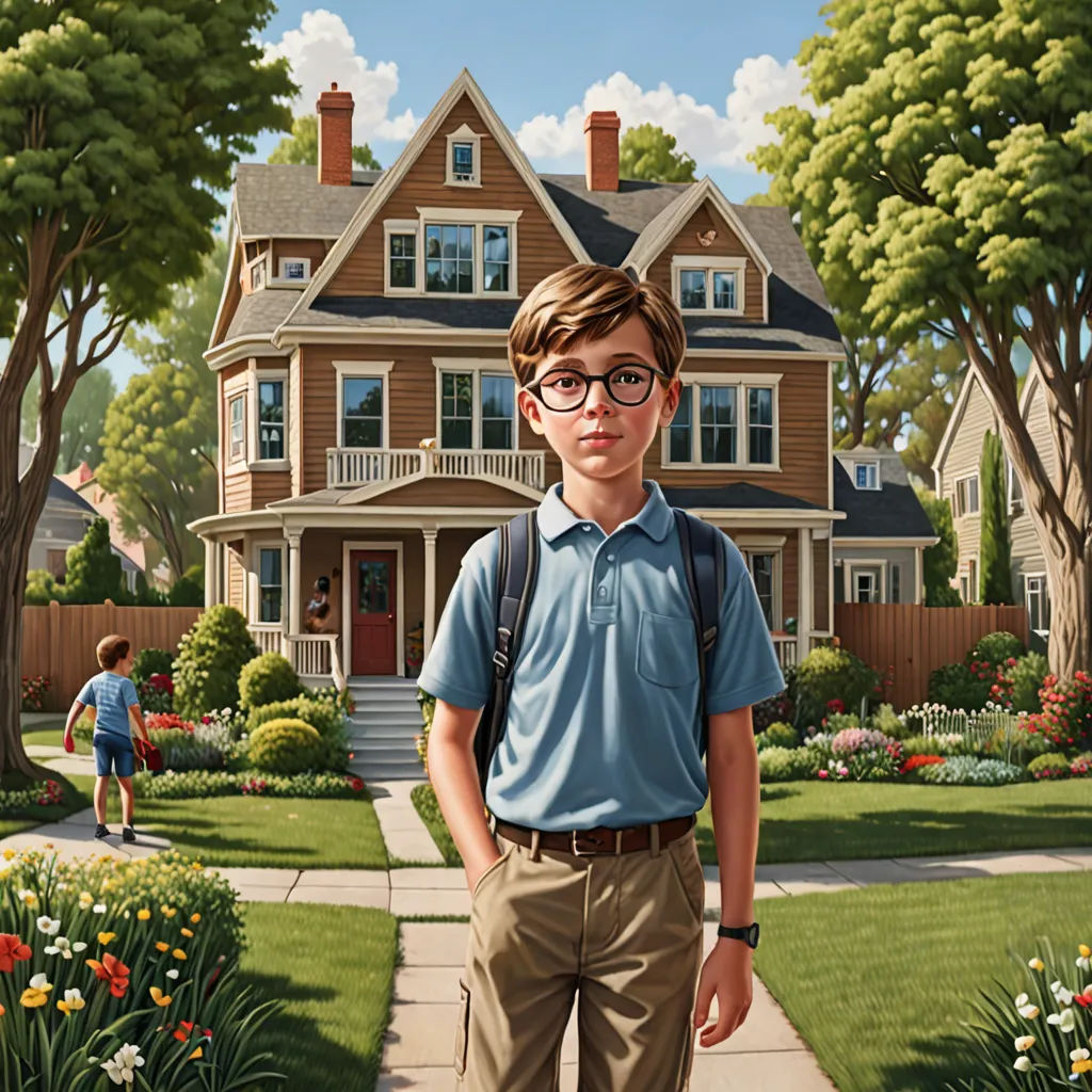 a painting of a boy in front of a house with a backpack on his shoulder and a boy in the background, american scene painting, a storybook illustration, F. Scott Hess, highly detailed digital painting