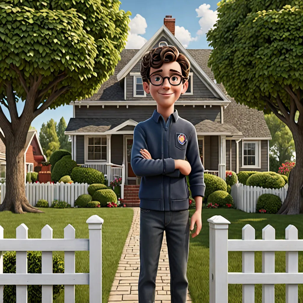 a cartoon character standing in front of a house with a white picket fence and trees in the background,, american scene painting, a character portrait, Chris LaBrooy, promotional image