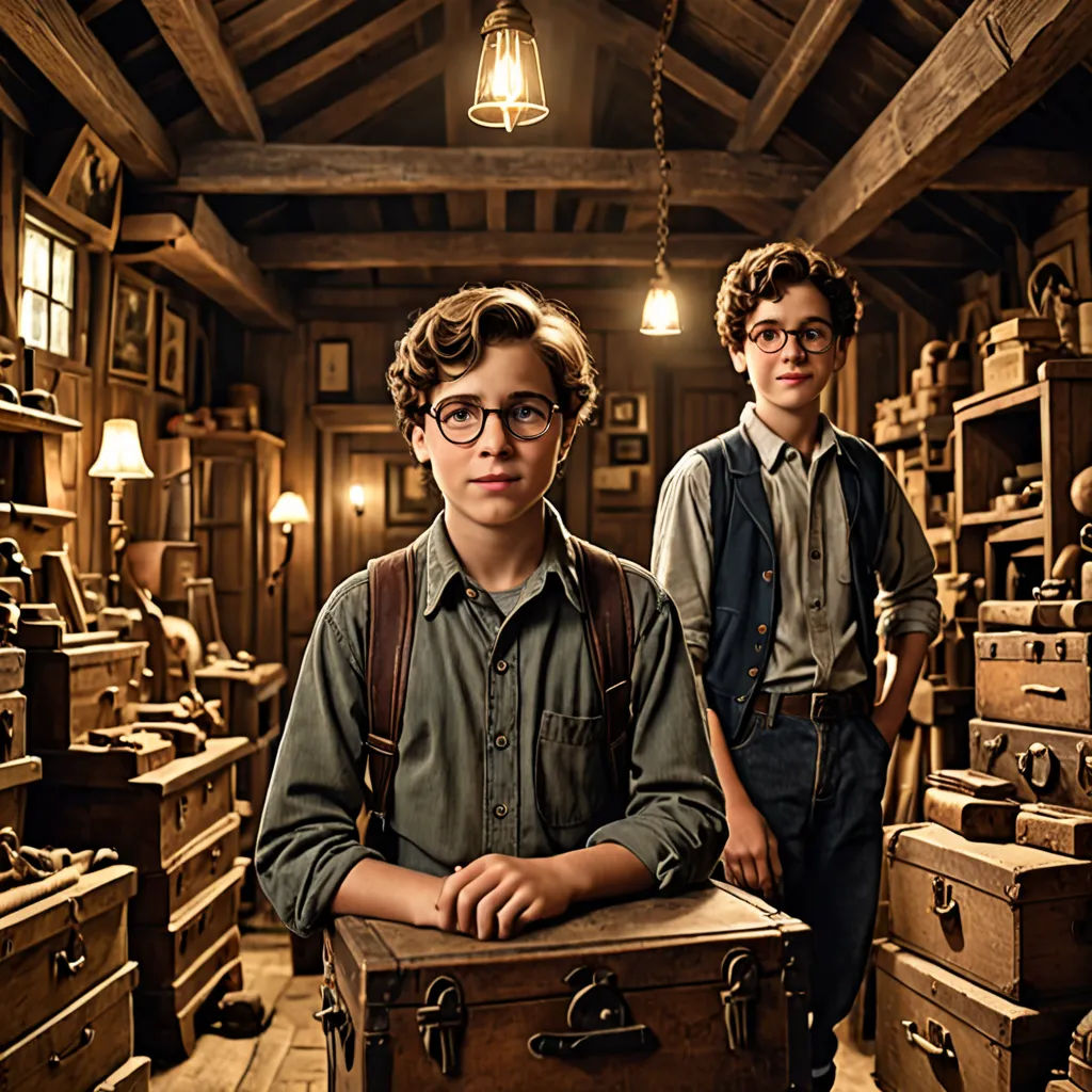 two boys standing in a room full of wooden boxes and boxes with a light hanging from the ceiling and a lamp hanging from the ceiling, arts and crafts movement, a detailed matte painting, Diego Gisbert Llorens, promotional image