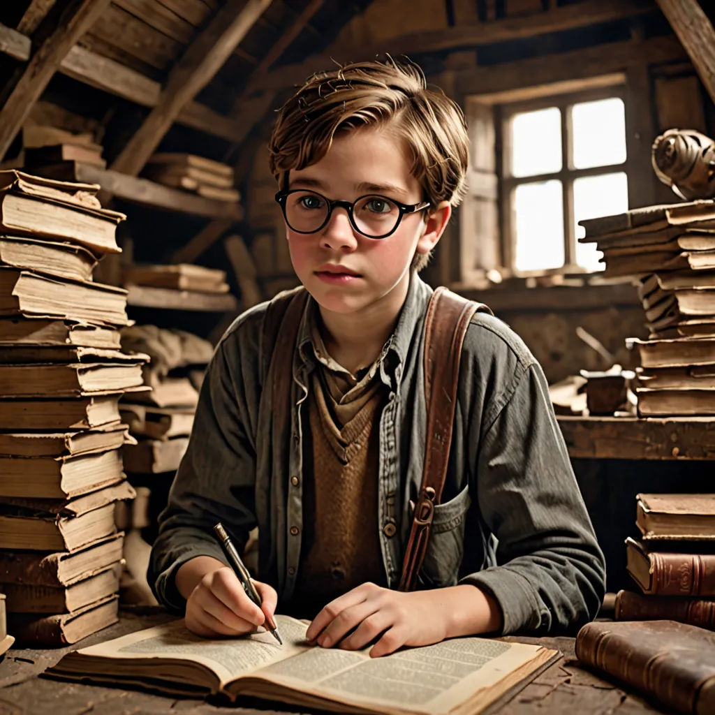 a boy sitting at a table with a book and pen in his hand and a stack of books behind him, art photography, a detailed matte painting, Diego Gisbert Llorens, promotional image