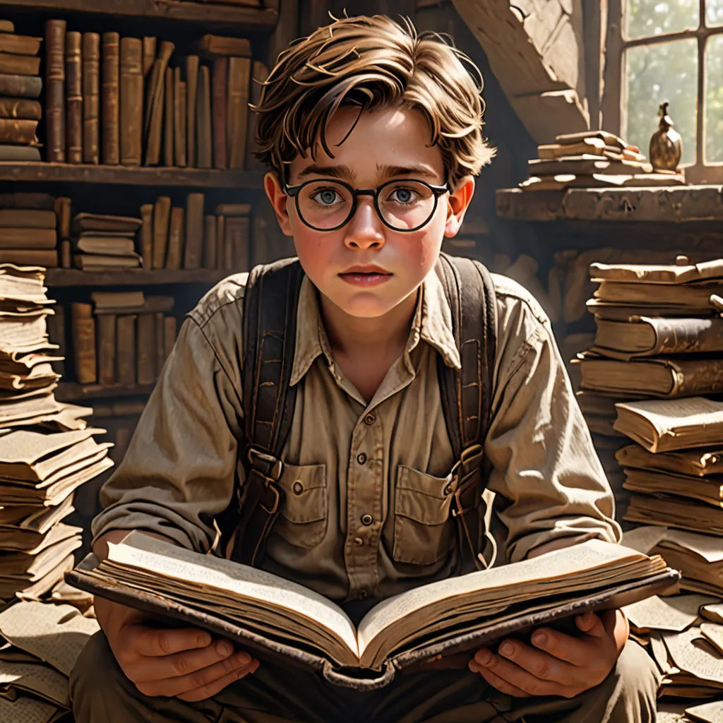 a boy sitting on the floor with a book in his hands and a pile of books behind him in front of him, photorealism, a detailed matte painting, Brad Kunkle, arnold render