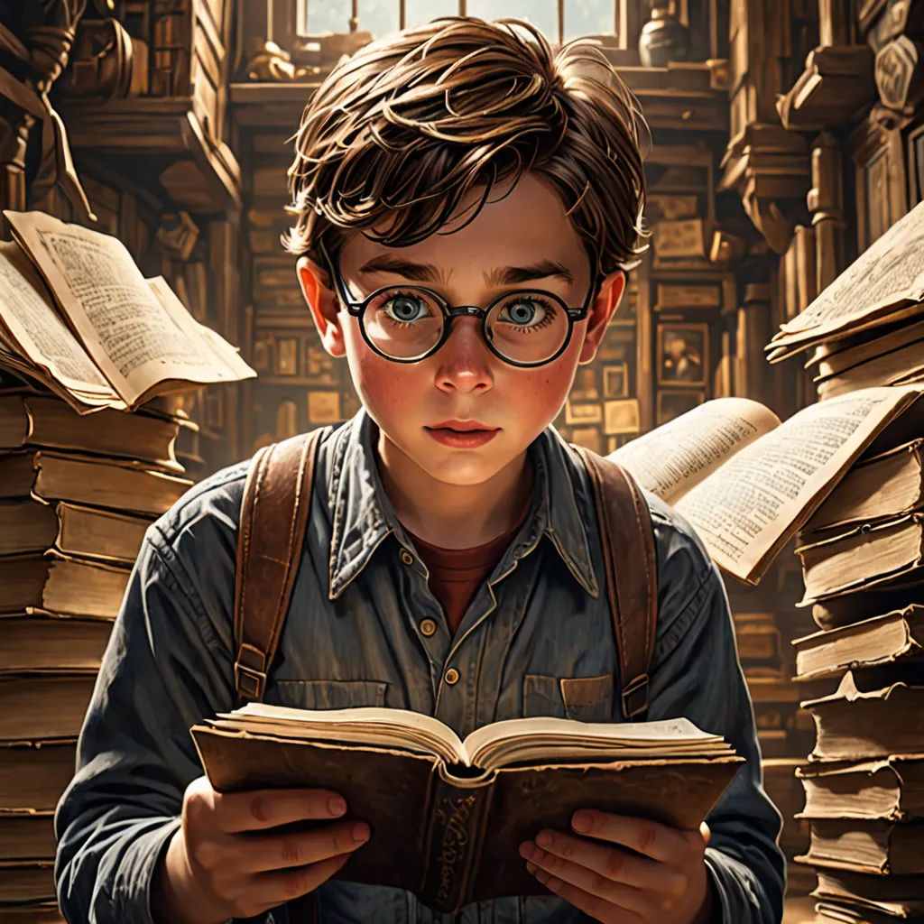 a boy with glasses reading a book in a library full of books and stacks of books behind him is a window, fantasy art, a storybook illustration, Alejandro Burdisio, highly detailed digital painting