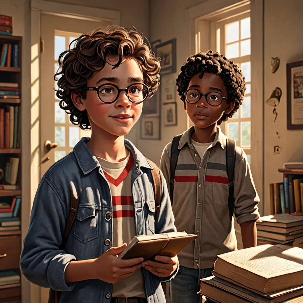 a boy and a girl standing in a room with books and a book case on the table and a book on the floor, photorealism, a storybook illustration, Chris LaBrooy, ultra realistic digital art