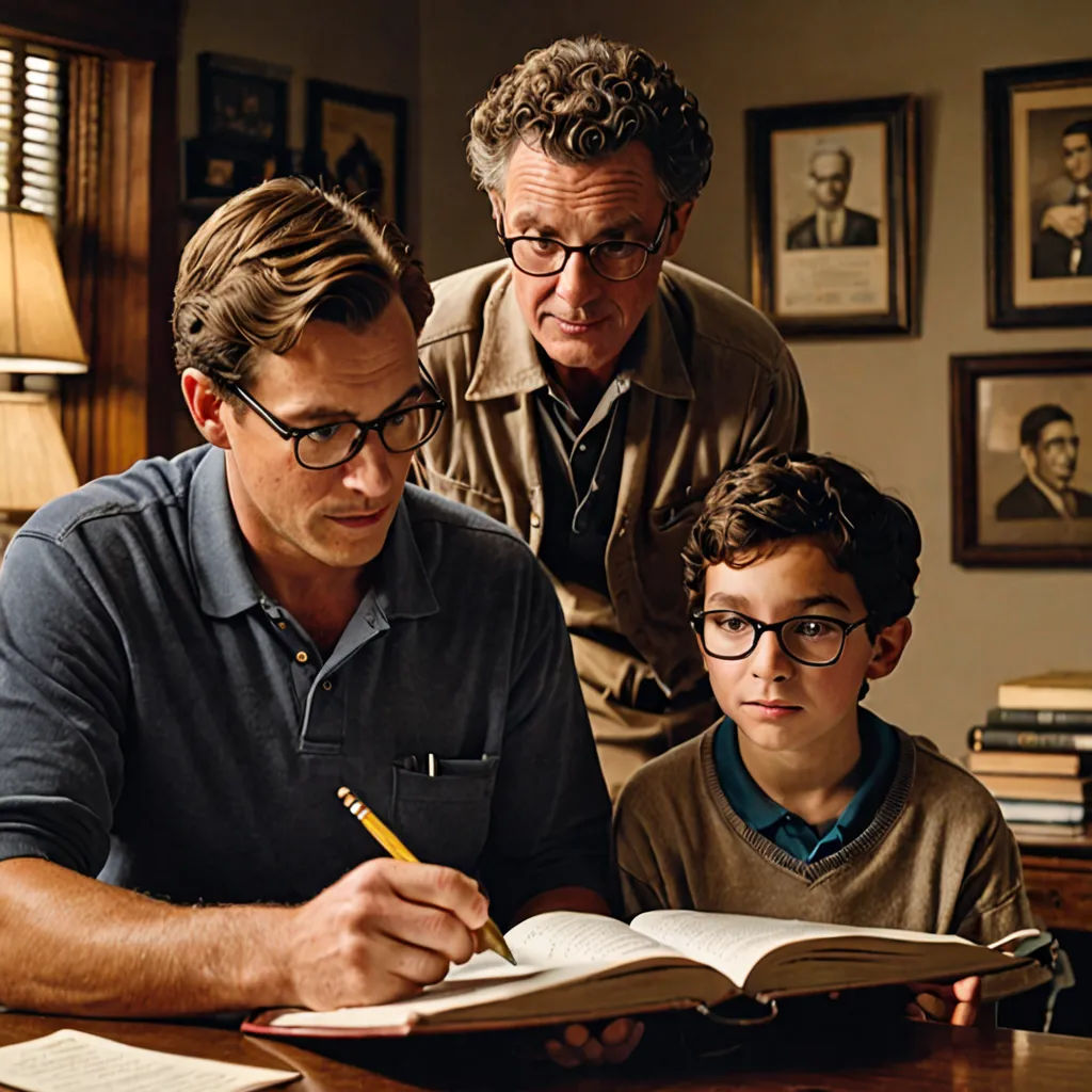 a man and a boy are sitting at a table with a book and a pencil in front of them, academic art, a storybook illustration, Clark Voorhees, promotional image