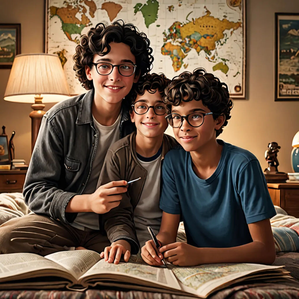 a couple of kids sitting on top of a bed next to an open book and a lamp on a table, serial art, poster art, Diego Gisbert Llorens, promotional image