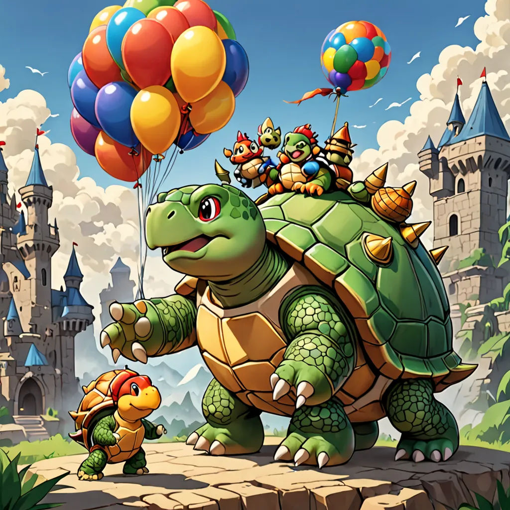 a turtle with a bunch of balloons on its back and a turtle carrying a bunch of balloons on its back, sots art, concept art, Chris LaBrooy, official art