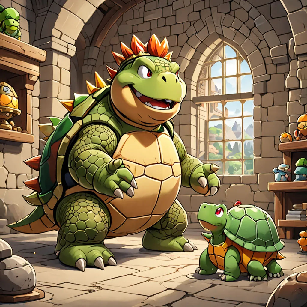 a cartoon of a turtle and a turtleling in a room with a stone wall and a window with a stone arch, sots art, a storybook illustration, Chris LaBrooy, official art