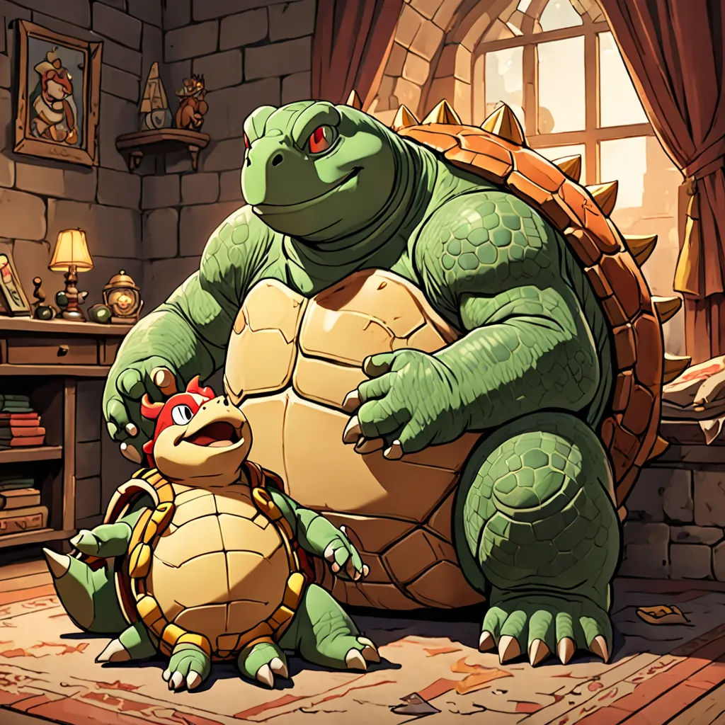 a cartoon of a turtle and a tortoise in a living room with a fireplace and a window, sots art, a storybook illustration, Chris LaBrooy, official art