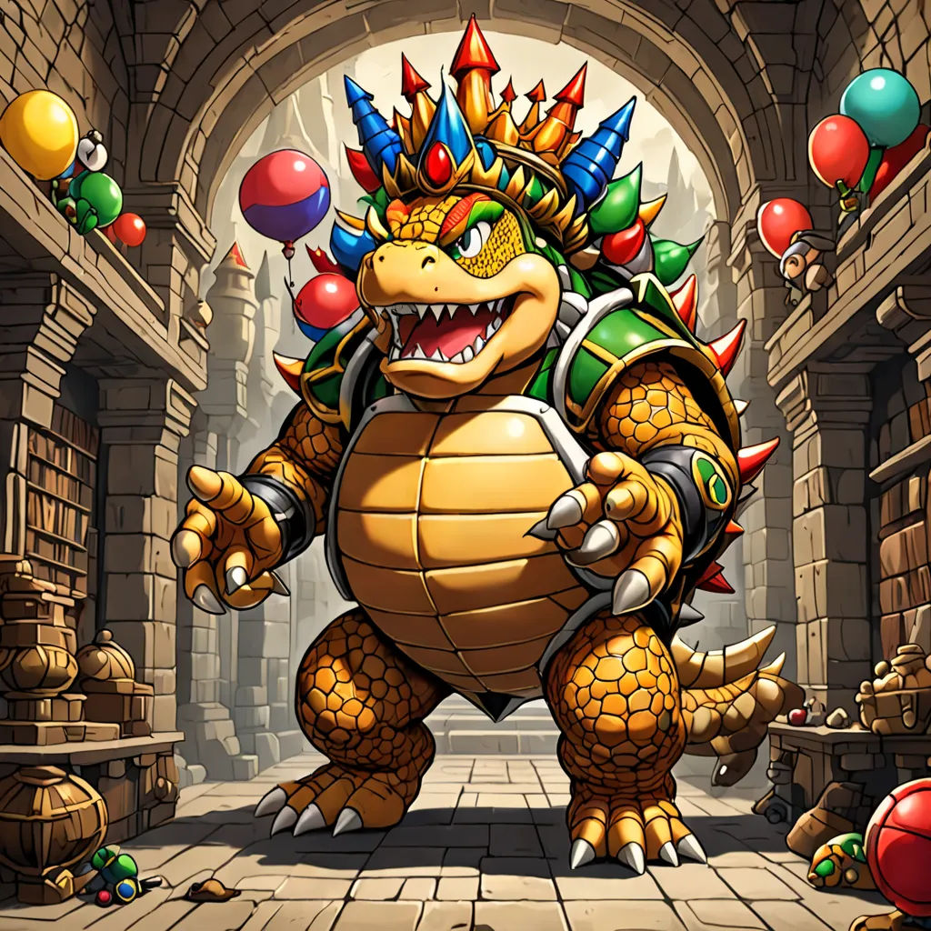 a cartoon character with a dragon like head and a crown on his head, standing in a stone archway, sots art, concept art, Chris LaBrooy, official art